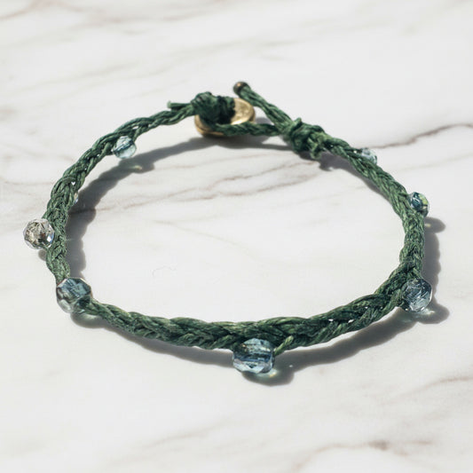 Green braided cord bracelet with crystal beads