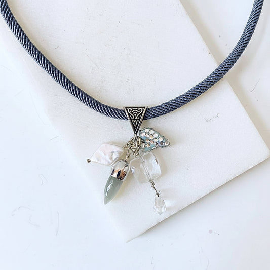Heart and Pearl Charm Necklace-Uni-T with crystal pave heart, freshwater pearl, and quartz charms on a grey twisted cord. Elegant and stylish design.