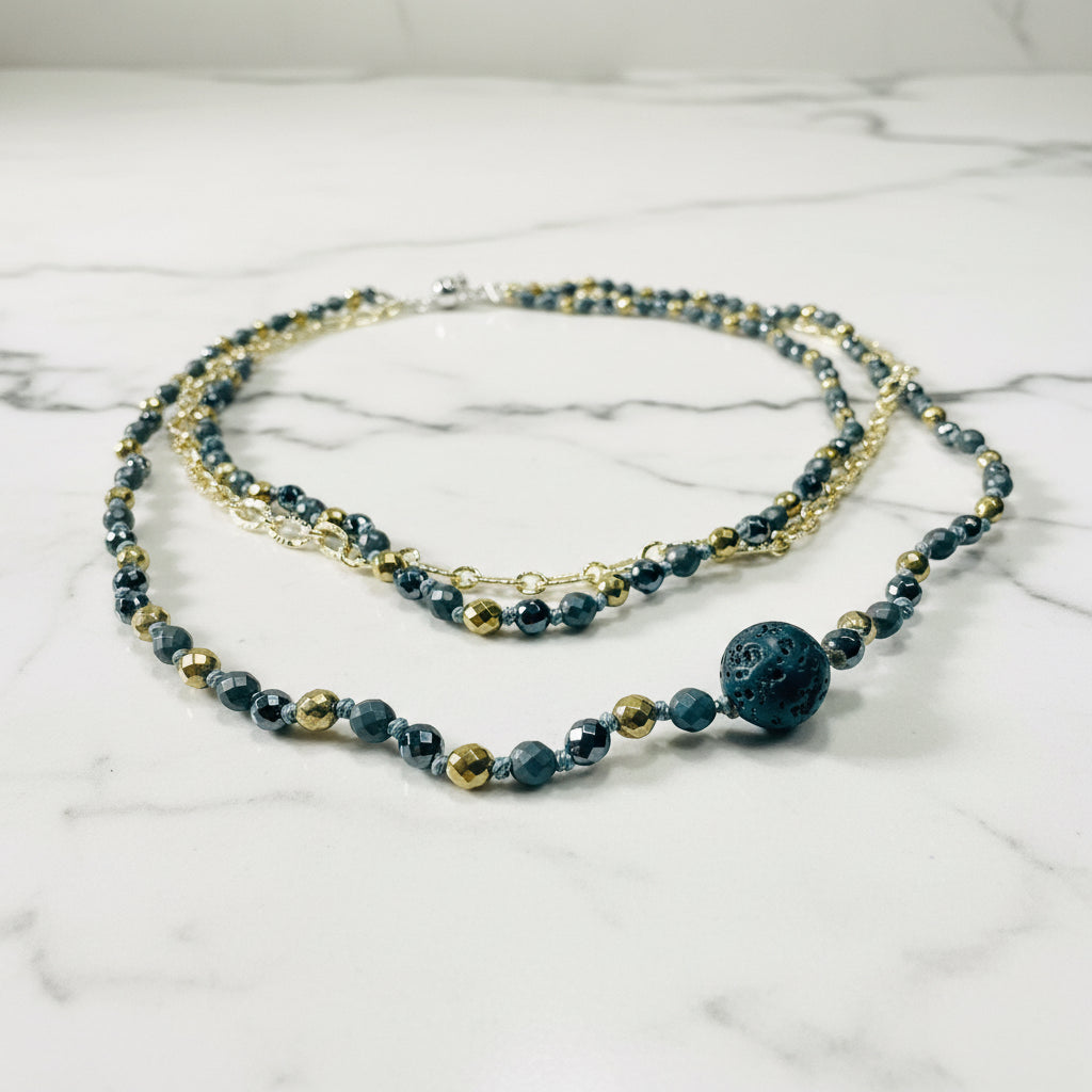 Gold and silver beaded gemstone necklace Hematite Lava Rock jewelry