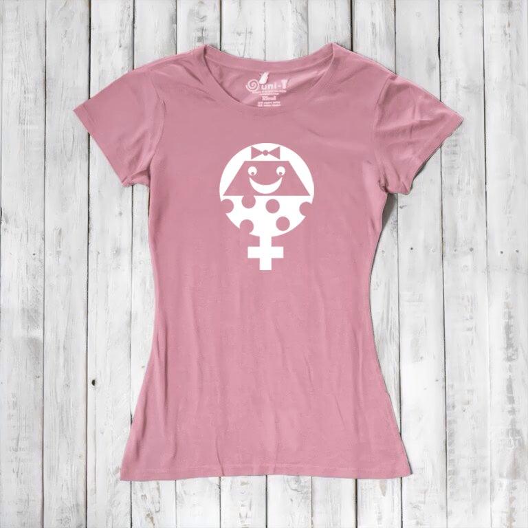Pink Women's Female Symbol T-Shirt in Bamboo & Organic Cotton with white smiling feminist icon. Soft sustainable tee for feminist gifting.