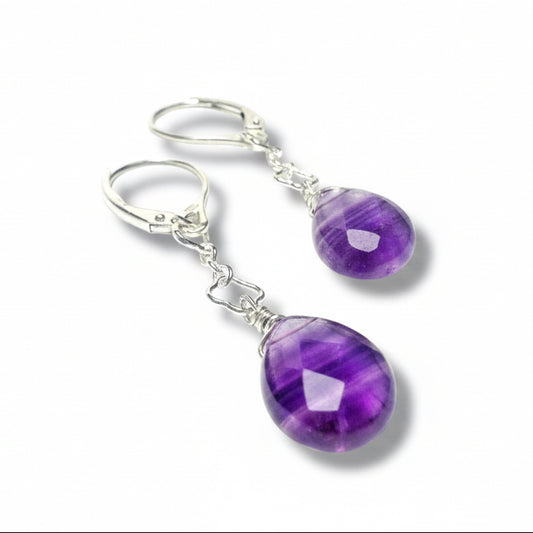 Silver chain fluorite gemstone earrings