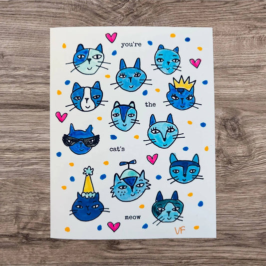 Handmade Friendship Card - Good Vibe Tribe featuring playful blue cat faces, hearts, and 'you're the cat's meow' message in a fun, inspirational design.