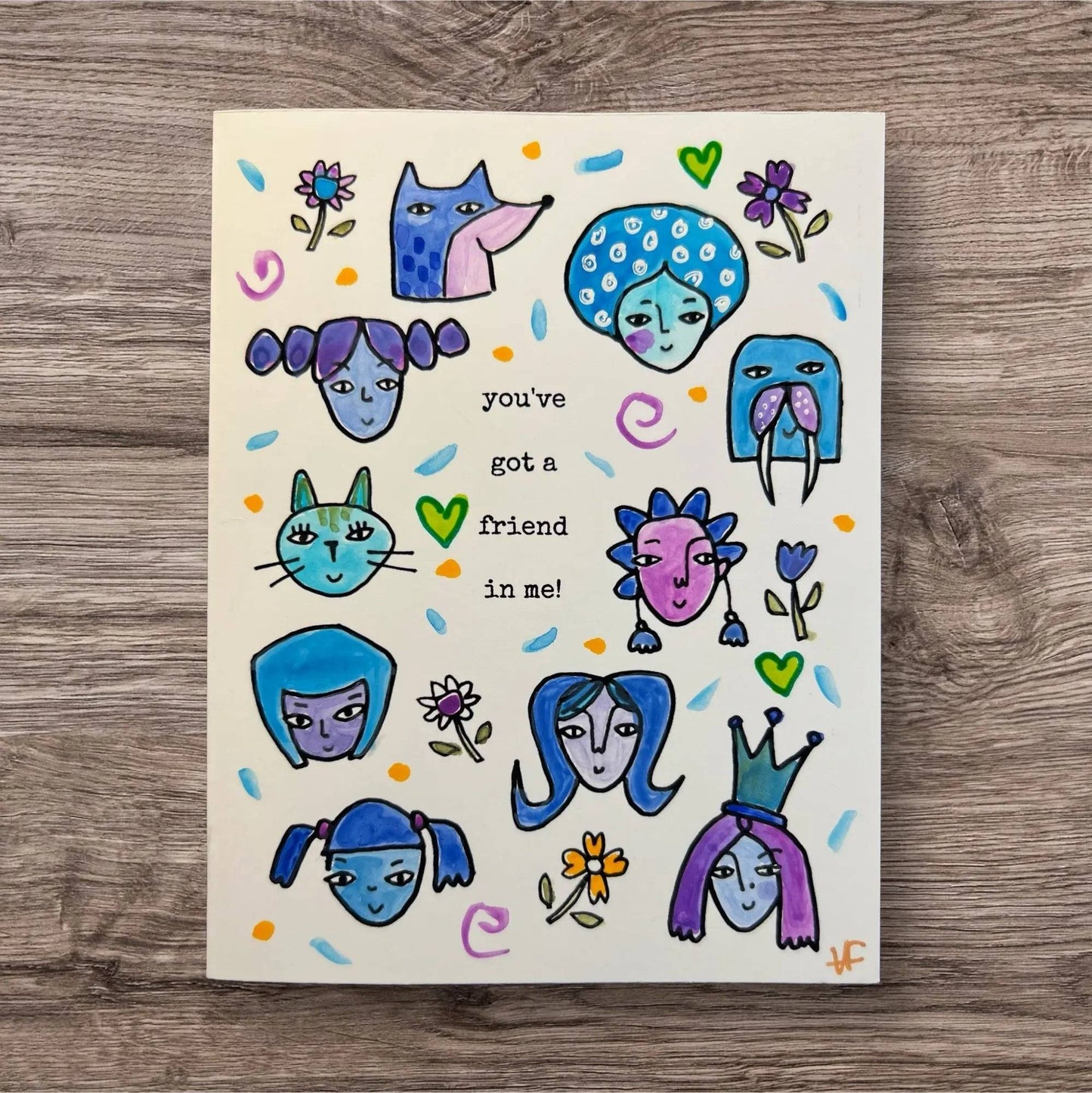 Handmade Friendship Card - Good Vibe Tribe with blue and green character doodles, hearts, flowers, and 'you've got a friend in me!' message for friends.