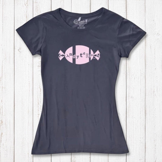 Dark gray women's bamboo and organic cotton T-shirt with pink 'Candytarian' candy graphic. Eco-friendly sweet tooth humor tee by Uni-T.