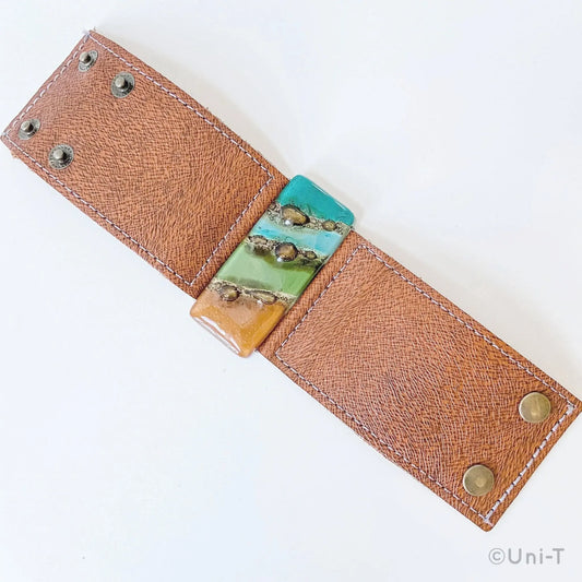Fused Recycled Glass 2" Reclaimed Leather Cuff - Uni-T