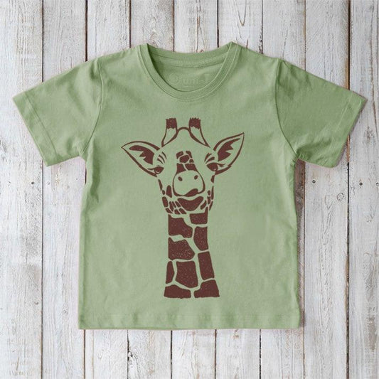Green Kids' Giraffe Organic Cotton T-Shirt featuring brown giraffe print. Sustainable animal graphic tee by Uni-T, perfect for nature-loving kids.