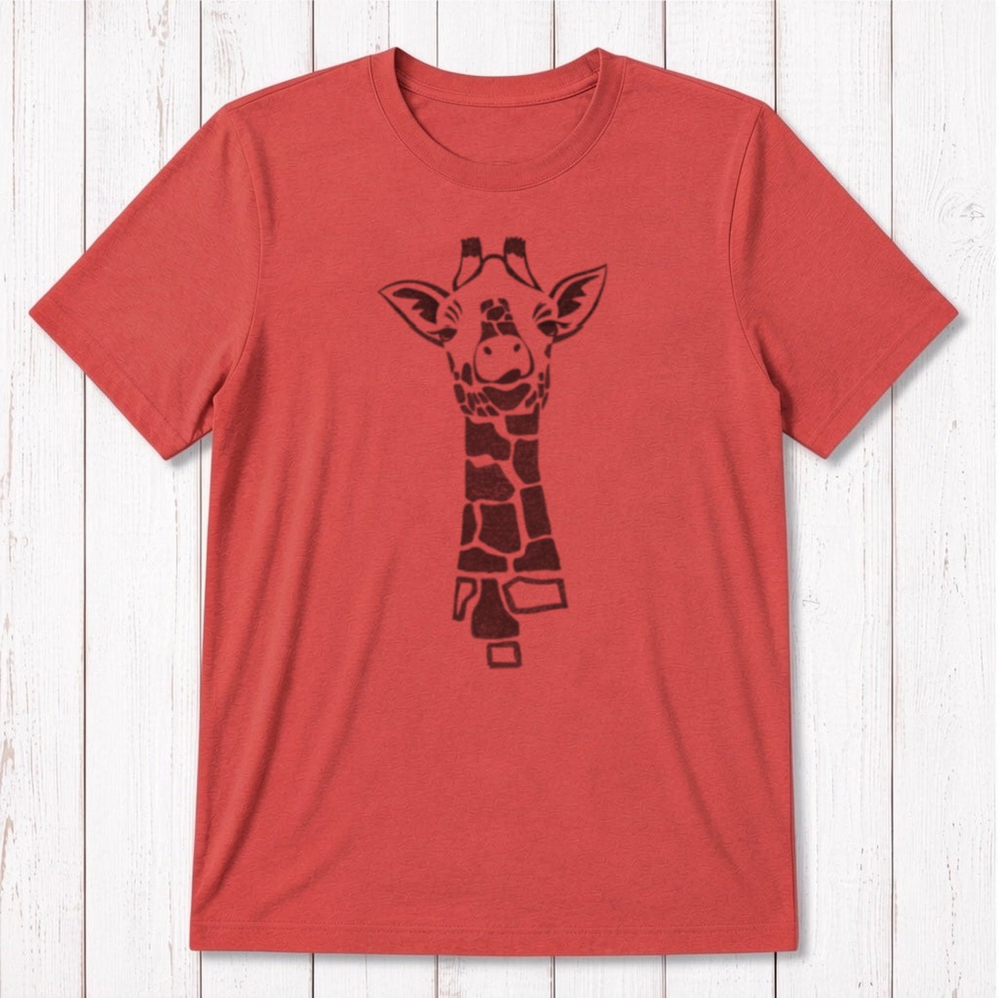 Red men's giraffe T-shirt in bamboo & organic cotton with dark safari wildlife graphic, eco-conscious and stylish gift idea.