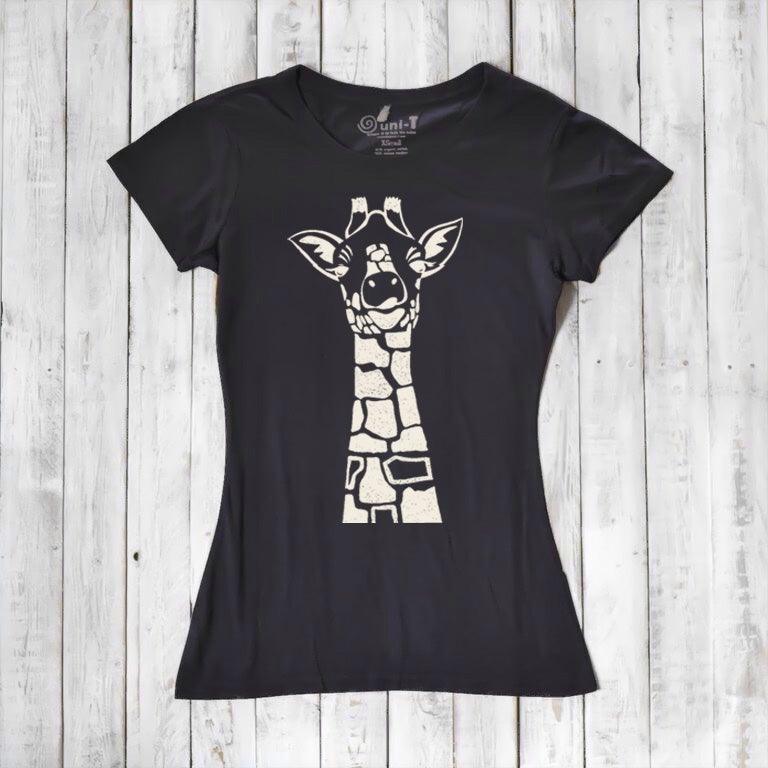 Black Women's Giraffe T-Shirt with cream animal graphic. Crafted from bamboo and organic cotton, perfect for eco-conscious wildlife fashion.