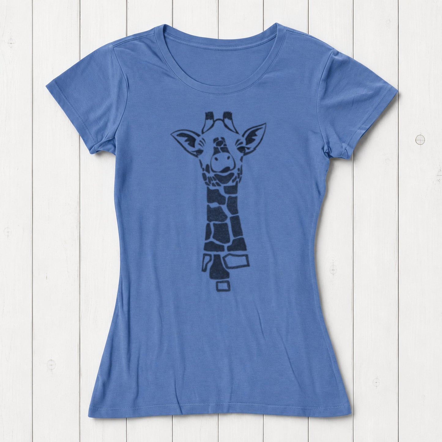 Periwinkle blue Women's Giraffe T-Shirt with black safari animal print. Eco-friendly bamboo and organic cotton top for stylish casual wear.