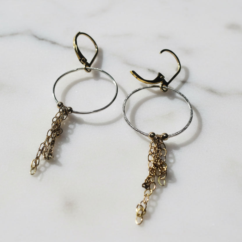 Gold filled chain hoop earrings with dangling chains