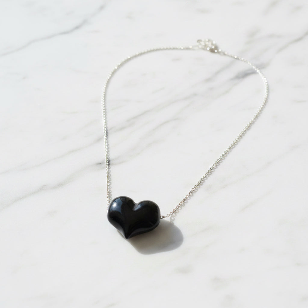 Natural Silver Obsidian Puffy Heart Necklace
