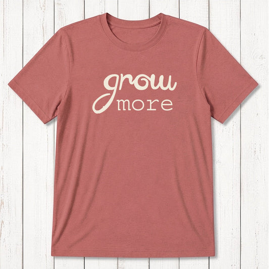 Rust red 'Grow More' men's bamboo and organic cotton T-shirt, classic fit graphic tee for gardening and plant enthusiasts.