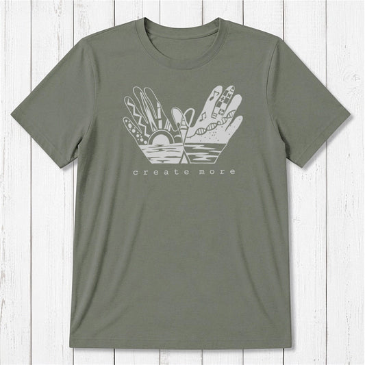 Olive green Men's Hand Art T-Shirt in Bamboo & Organic Cotton with cream 'Create More' graphic. Sustainable gift tee for creative men.