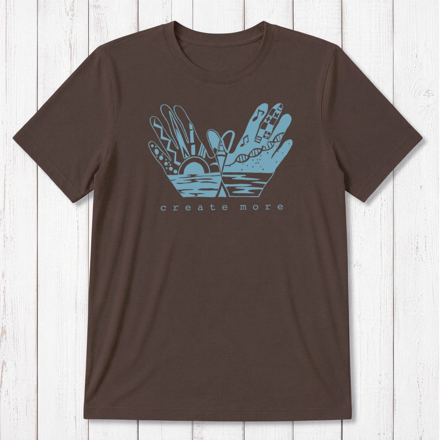 Dark brown Men's Hand Art T-Shirt in Bamboo & Organic Cotton with cream 'Create More' graphic. Classic fit for eco-conscious artists.