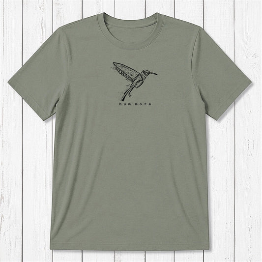 Men's Hummingbird T-Shirt in Bamboo & Organic Cotton, olive green with 'hum more' nature graphic, classic fit for bird watchers.