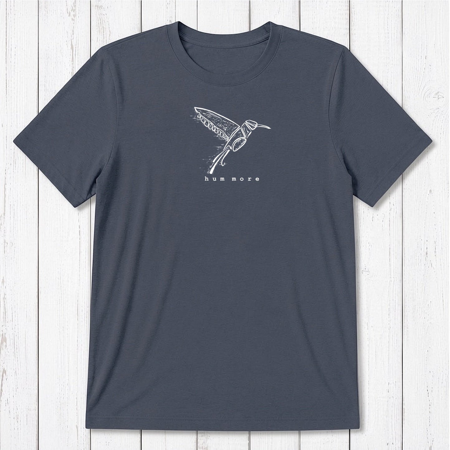 Men's Hummingbird T-Shirt in Bamboo & Organic Cotton, navy blue with white bird sketch and 'hum more' text, classic fit for nature lovers.