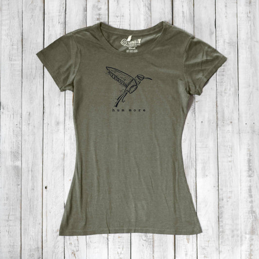Olive green Hum More Women's Bamboo Hummingbird Shirt with artistic bird graphic, crafted from bamboo and organic cotton for sustainable style.