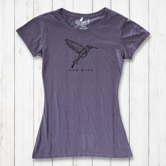 Purple Hum More Women's Bamboo Hummingbird Shirt with line-drawn bird graphic, made from sustainable bamboo and organic cotton blend.