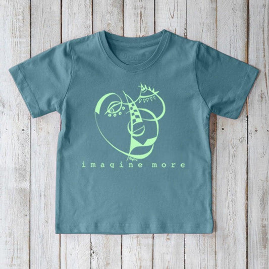 Blue Kids' Organic Cotton T-Shirt with mint green abstract graphic and 'imagine more' message, sustainable artistic top for children.