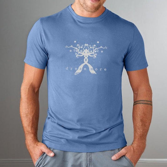Blue bamboo and organic cotton men's t-shirt with inspirational 'Dream More' design in white. Ideal gift for entrepreneurs and creatives.