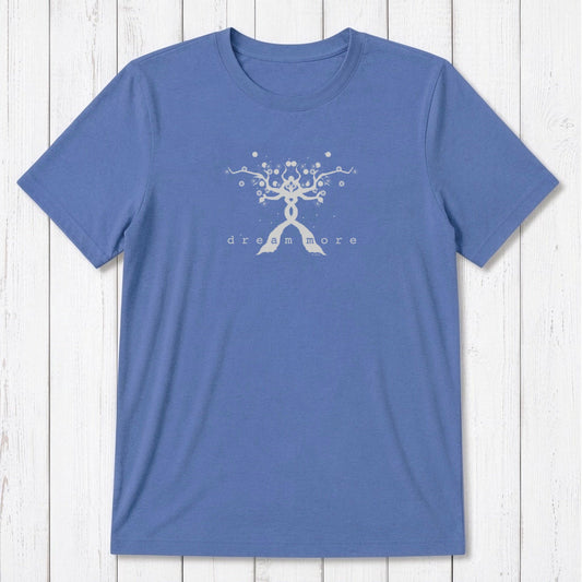 Blue bamboo and organic cotton men's t-shirt with inspirational 'Dream More' design in white. Ideal gift for entrepreneurs and creatives.