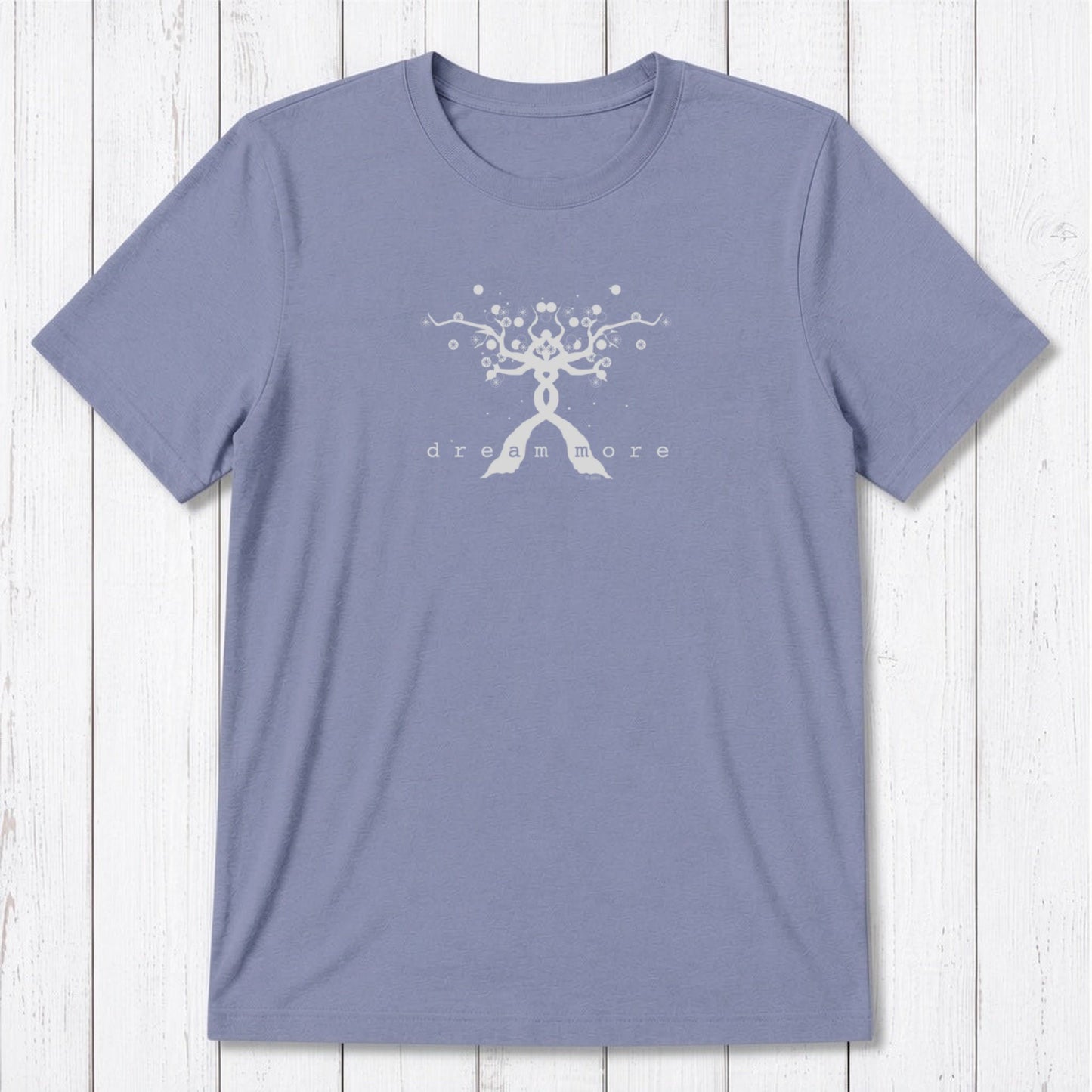 Lavender men's t-shirt with white 'Dream More' motivational graphic. Eco-friendly bamboo and organic cotton, classic fit for dreamers.