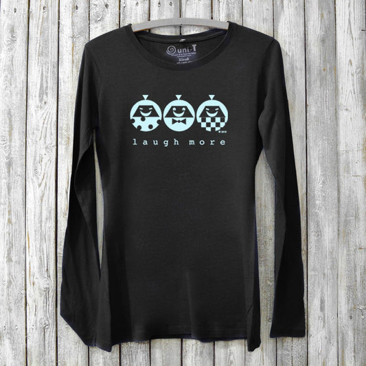 Black bamboo & organic cotton women's long sleeve tee featuring 'Laugh More' quote and playful blue character print, cozy positive vibe shirt by Uni-T.