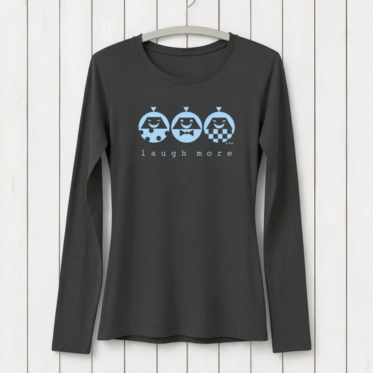 Black bamboo & organic cotton women's long sleeve tee featuring 'Laugh More' quote and playful blue character print, cozy positive vibe shirt by Uni-T.