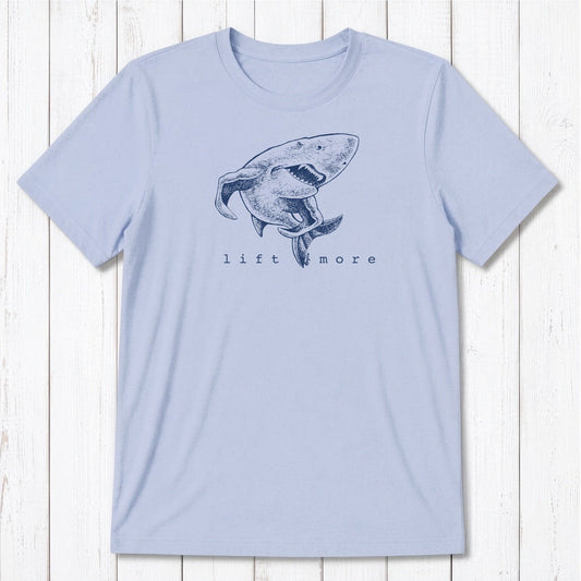 Light blue 'Lift More' shark graphic tee for men made from bamboo and organic cotton, ideal for weightlifters and gym lovers.
