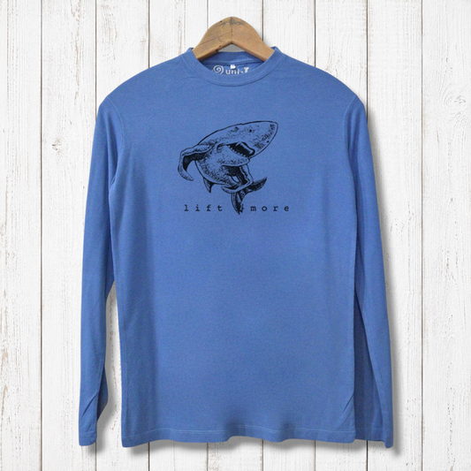 Eco-friendly Men's Bamboo Workout T-Shirt - Lift More in blue featuring a shark design. Made with organic cotton for gym and casual wear.