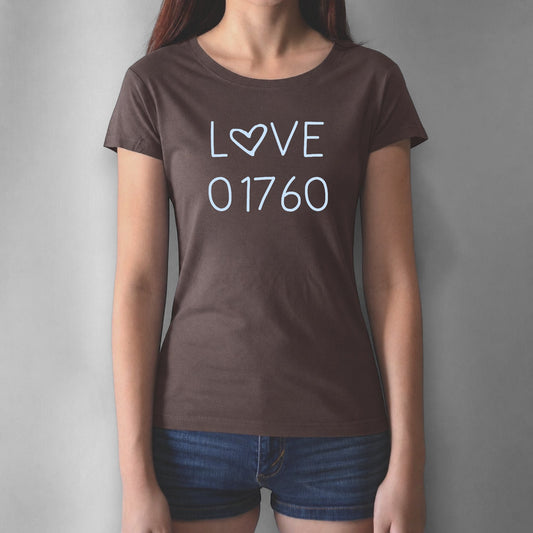Brown women's graphic T-shirt with pink 'LOVE 01760' text and heart symbol, casual style, short sleeves, round neckline, made of soft fabric