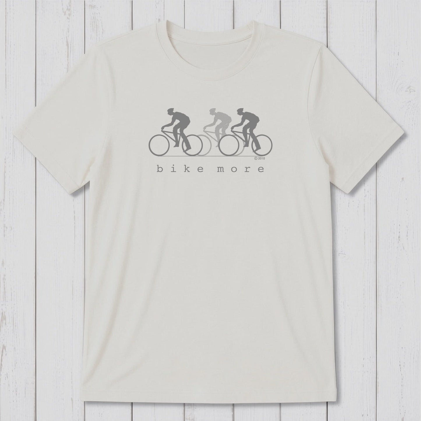 White Men's Bicycle T-Shirt in Bamboo & Organic Cotton with black 'Bike More' cycling graphic, classic fit tee for eco-conscious cyclists.
