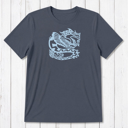 Classic fit navy blue Men's Dragon T-Shirt in Bamboo & Organic Cotton with light blue Ancient Dragon design, sustainable mythology art tee.
