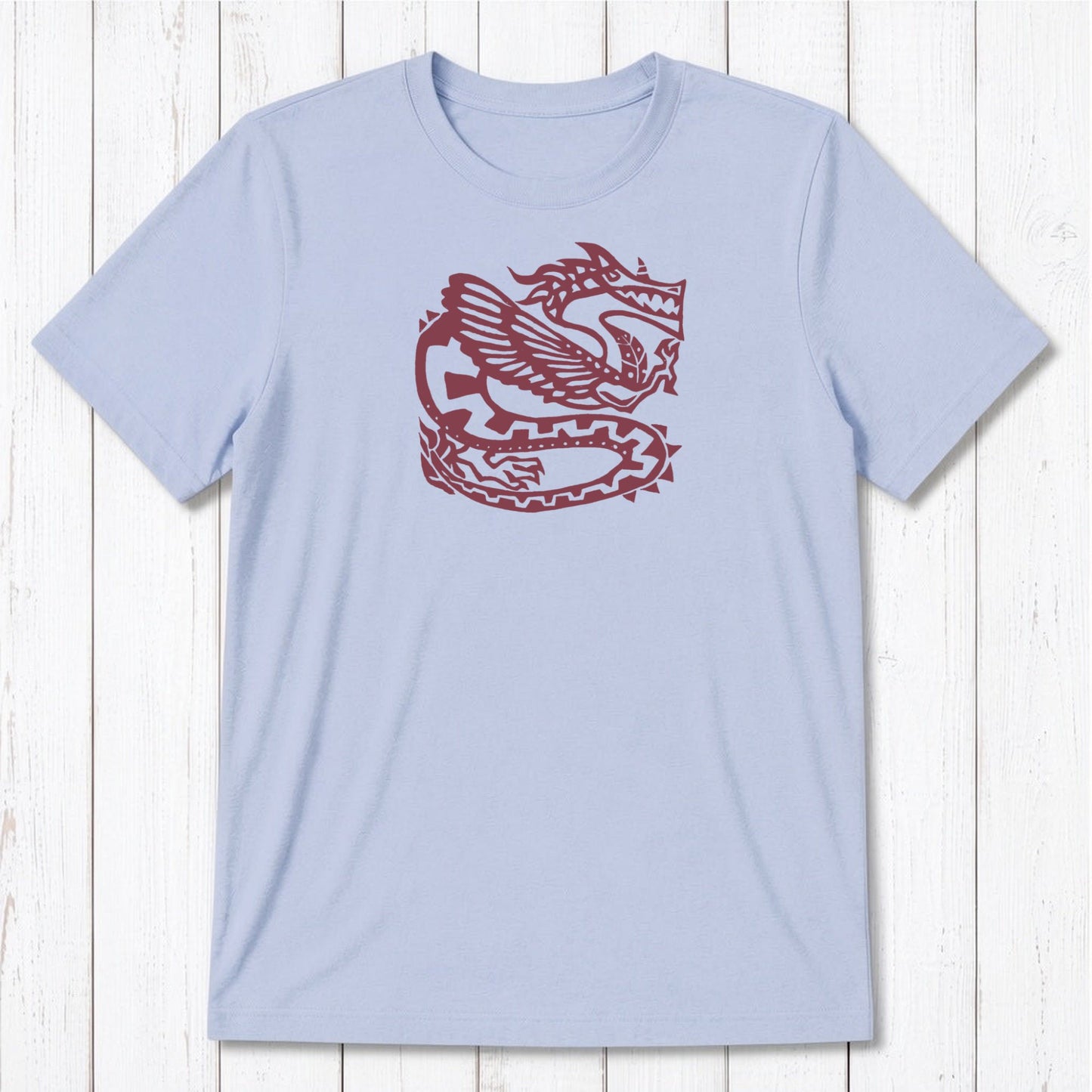 Light blue Men's Dragon T-Shirt in Bamboo & Organic Cotton with brown Ancient Dragon design, soft sustainable tee for fantasy art lovers.