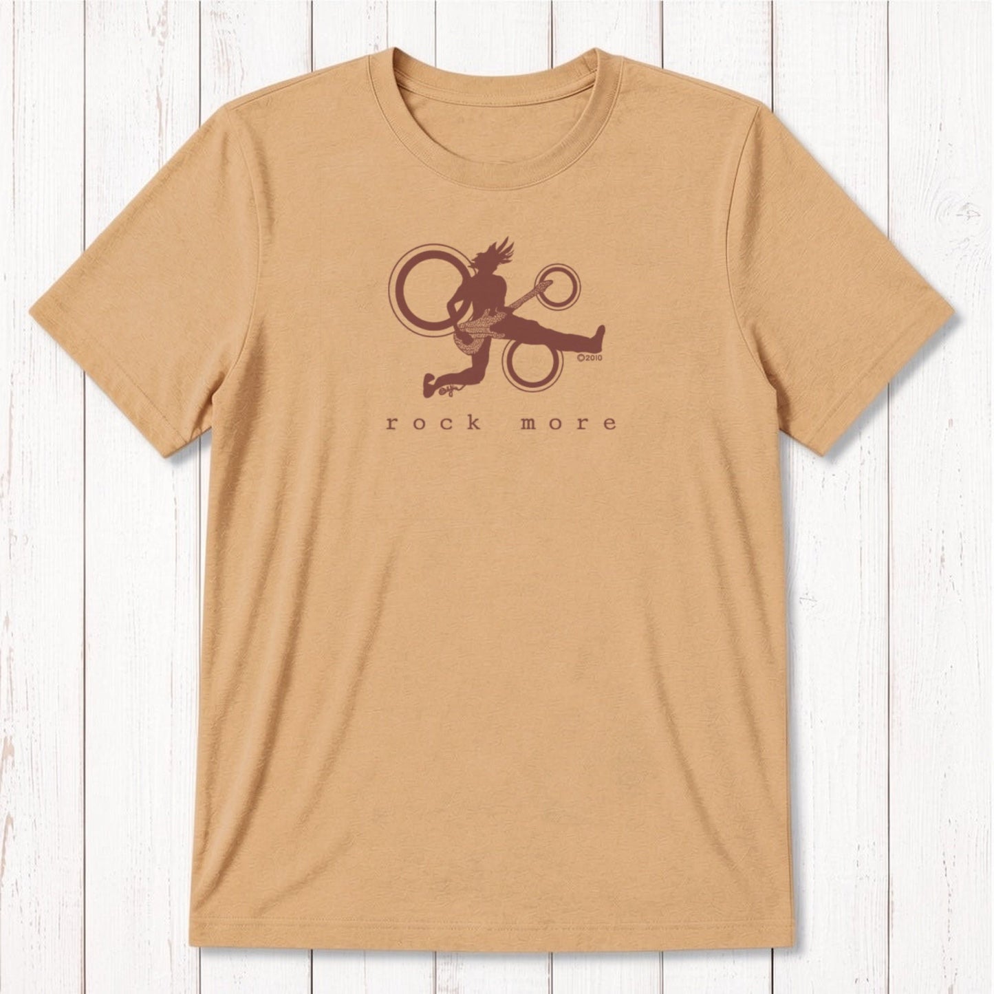 Mustard yellow 'Rock More' men's guitar T-shirt in bamboo cotton blend, with white rock and roll graphic, sustainable gift for musicians.