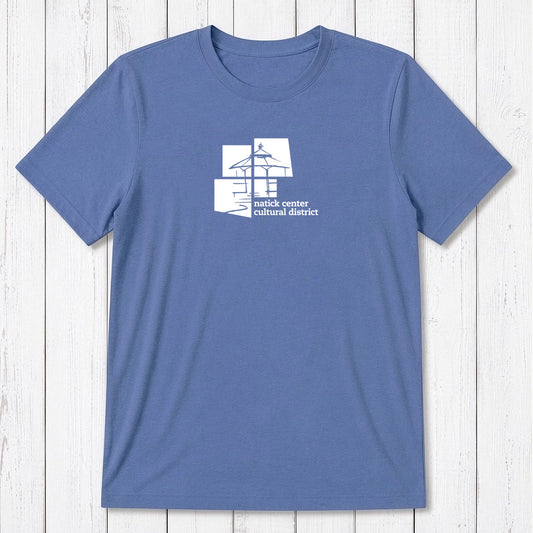 Blue men's Natick Pride T-shirt made from bamboo and organic cotton, featuring white Natick Center Cultural District logo, perfect hometown gift.