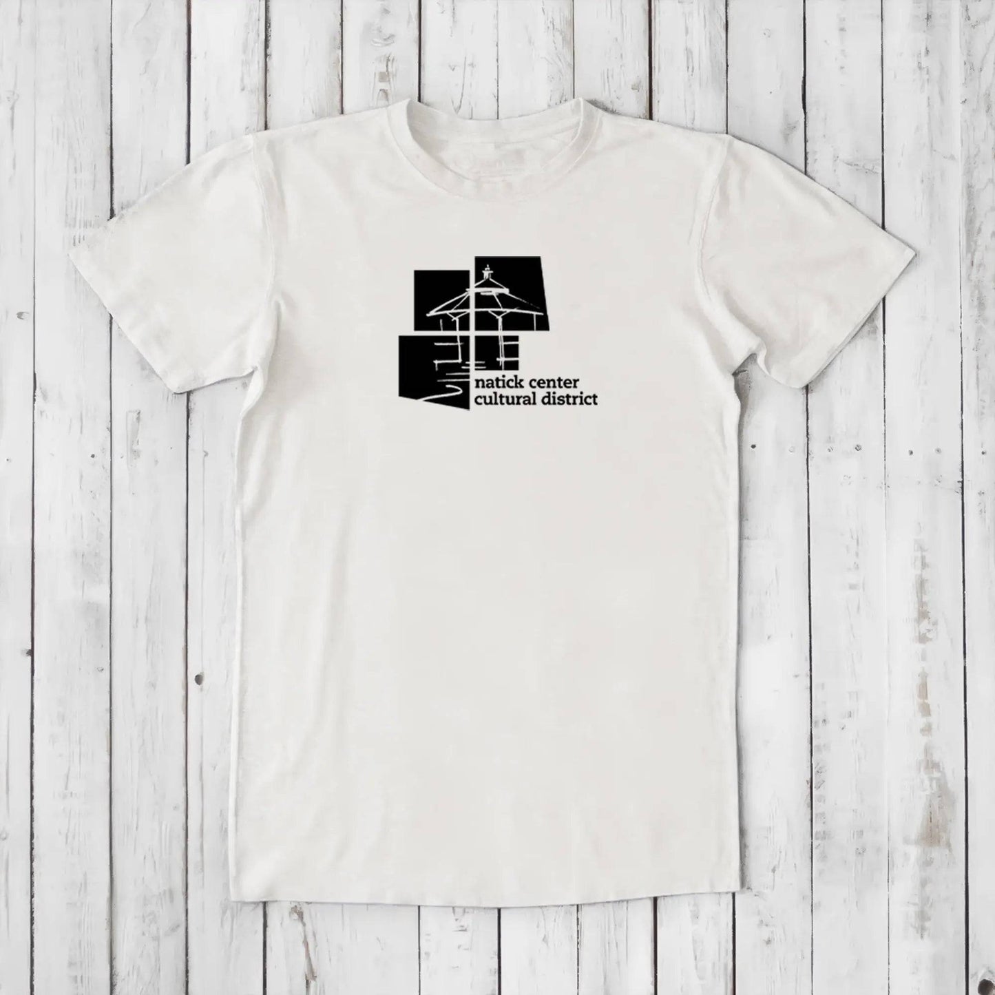 White men's Natick Pride T-shirt in bamboo and organic cotton with black cultural district graphic, sustainable Massachusetts hometown apparel.