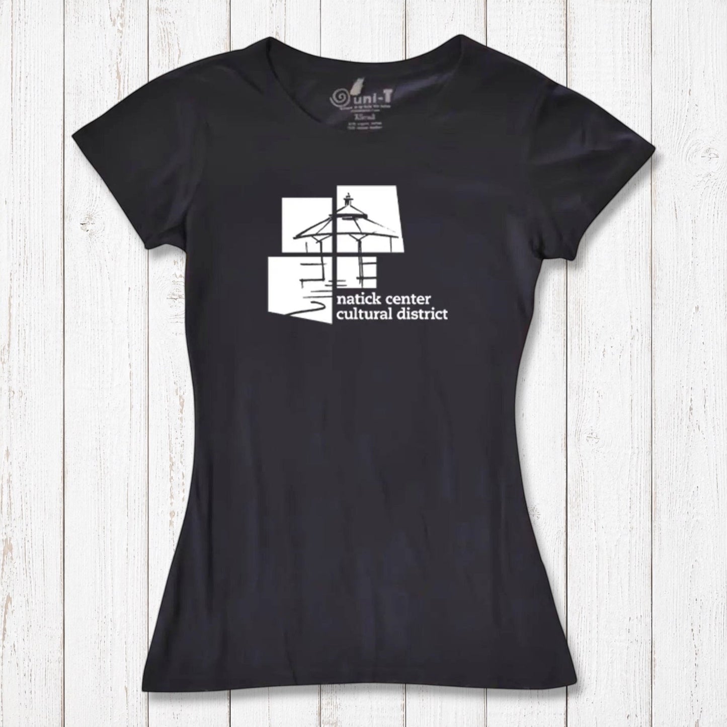 Black Women's Bamboo Natick Center T-Shirt with white cultural district design. Eco-friendly tee supporting Natick arts and events.