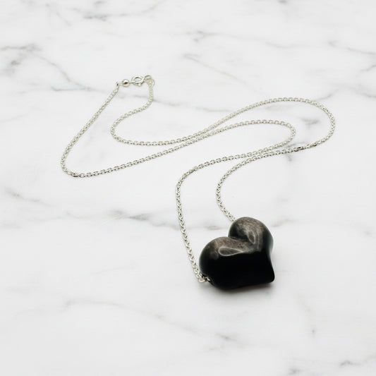 Natural Silver Obsidian Puffy Heart Necklace