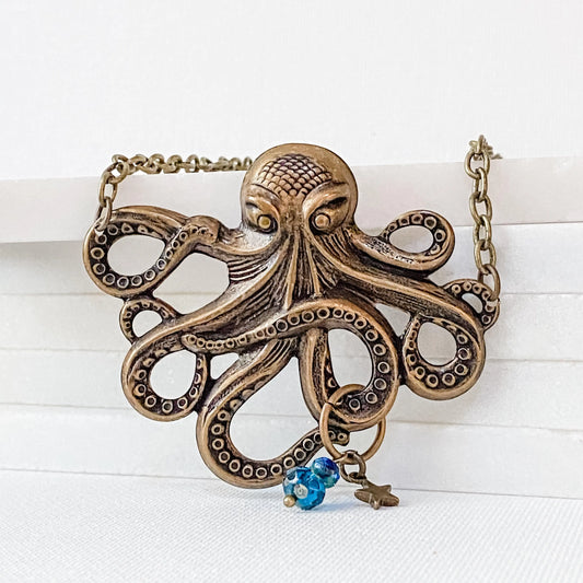 Octopus Necklace, Steampunk Style, Silver or Bronze Finish - Uni-T