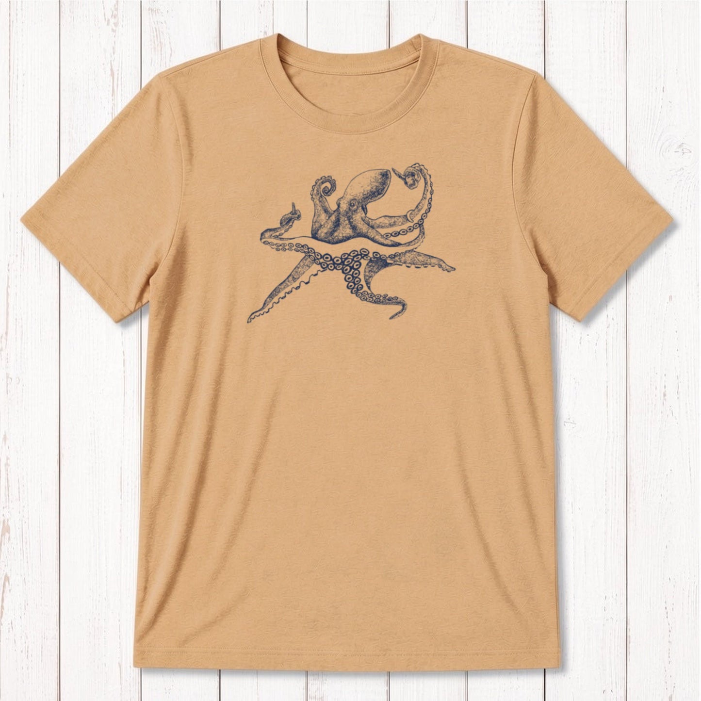 Men's Octopus T-Shirt in tan bamboo and organic cotton, blue sea creature design, sustainable ocean lover gift for him.