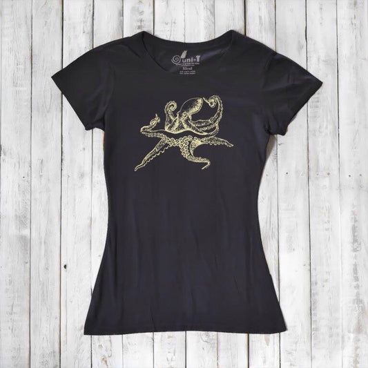 Black Women’s Octopus T-Shirt made from bamboo and organic cotton, featuring a gold sea life graphic, eco-friendly fashion top.