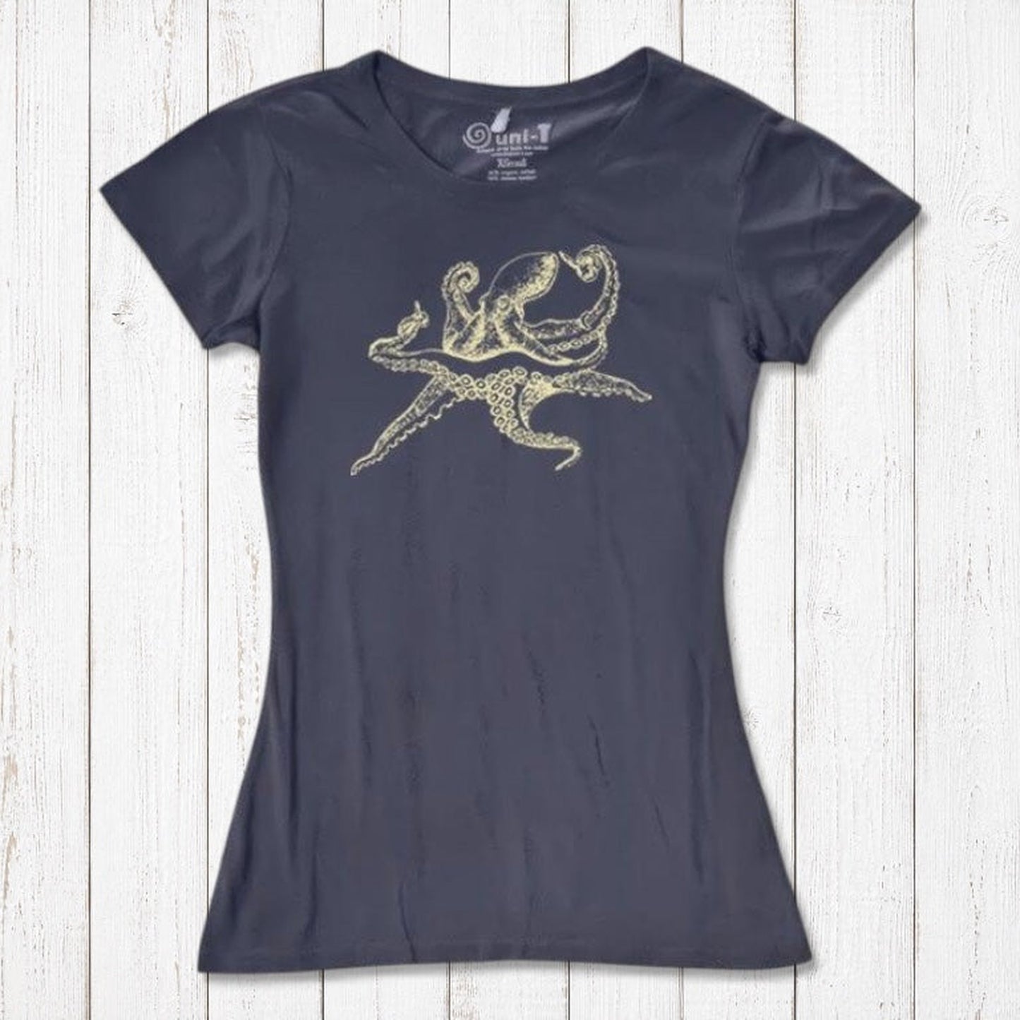 Navy blue Women’s Octopus T-Shirt in bamboo and organic cotton with gold sea life print, unique eco-conscious apparel choice.