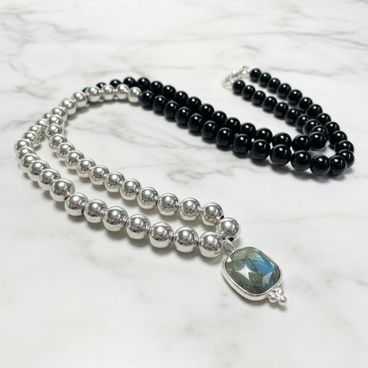 Onyx and Sterling Beaded Necklace with Labradorite Pendant* Janine Gerade