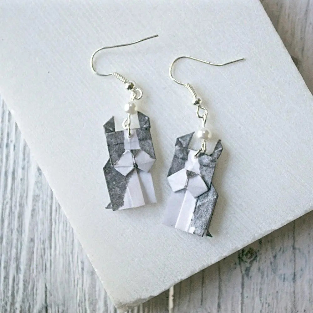 Boston Terrier Origami Dog Earrings with pearl bead detail, handmade from folded paper and sealed for durability, ideal for dog lovers.
