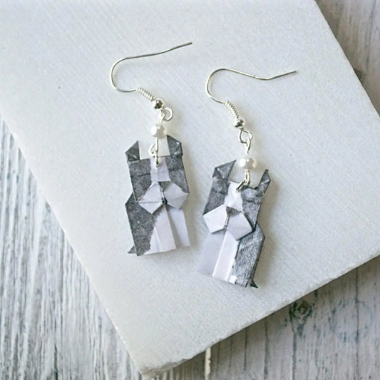 Boston Terrier Origami Dog Earrings with pearl bead detail, handmade from folded paper and sealed for durability, ideal for dog lovers.