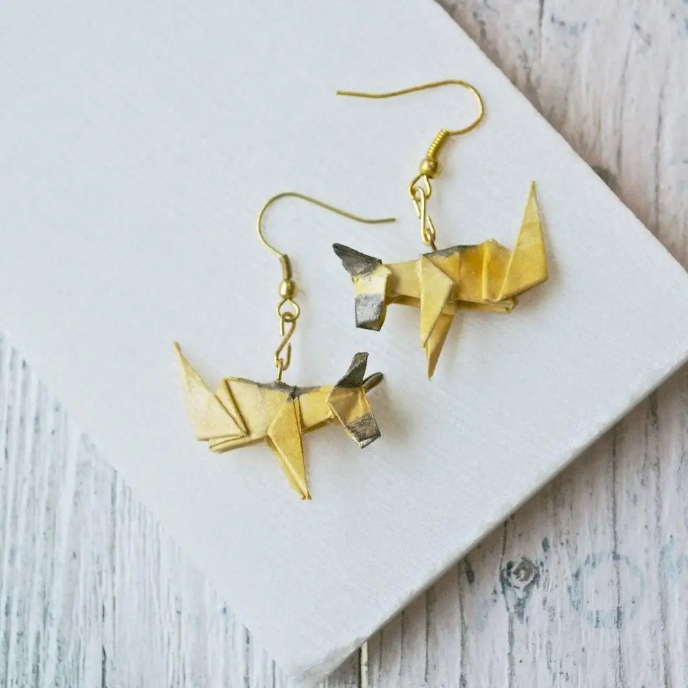 German Shepherd Origami Earrings made from folded paper with gold-tone hooks, 1.25" length, ideal for unique pet-themed accessories.