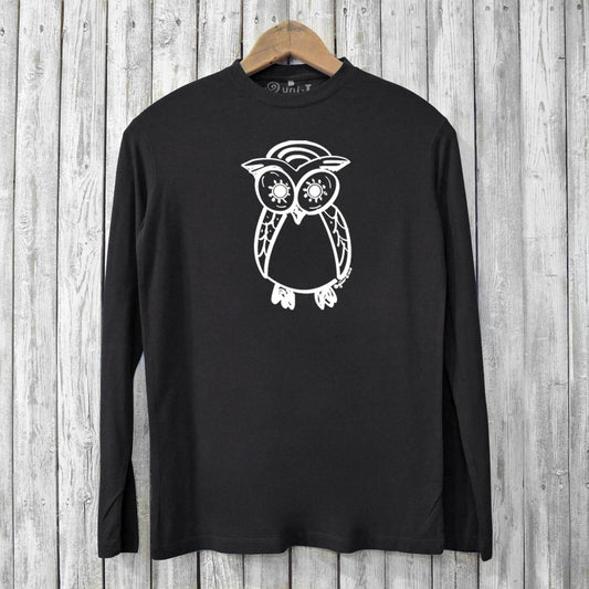 Black Owl Shirt Mens crafted from bamboo and organic cotton, showcasing a white owl print on a soft, eco-friendly long sleeve graphic tee.