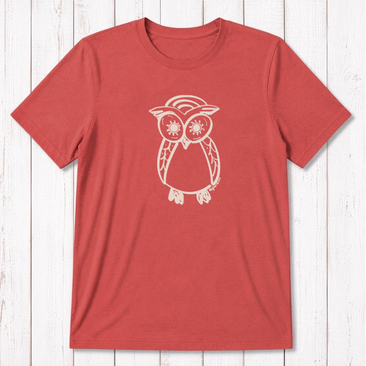 Men's Owl T-Shirt in red bamboo and organic cotton with white owl artwork, eco-conscious and artistic gift for the wise man.
