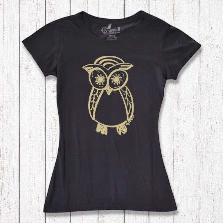 Black Women’s Owl T-Shirt with gold owl print, crafted from bamboo and organic cotton, sustainable and stylish top for nature lovers.